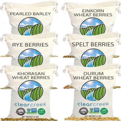 CLEAR CREEK Certified Glyphosate Residue Free Khorasan, Durum, Rye, Spelt, Pearl Barley, and Einkorn Wheat Berries | 24 lbs (6-4 lb bags) | Non-GMO Project Verified