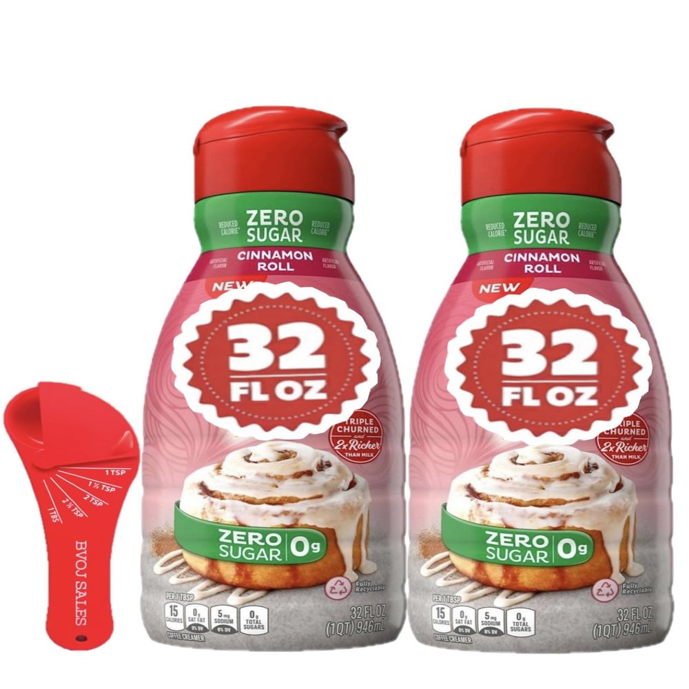 Premium Liquid Coffee Creamer 32 Fl oz Bottles Sugar-Free Cinnamon Roll Two (2) Pack with Measuring Spoon