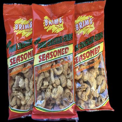 BRIM'S Seasoned Pork Cracklin Strips, Fried Pork Rinds with Skin, 2 oz, (3 Pack)
