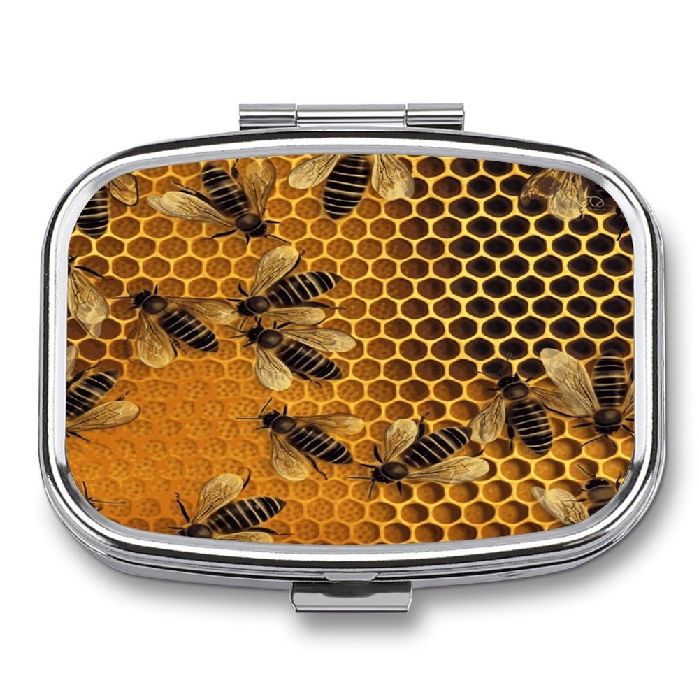 Bees on Hive Pill Box Medicine Pill Organizer Small Pill Case Travel Pill Container Portable Pill Case for Pocket 2 Compartment Pill Holder Pill Boxes for Travel