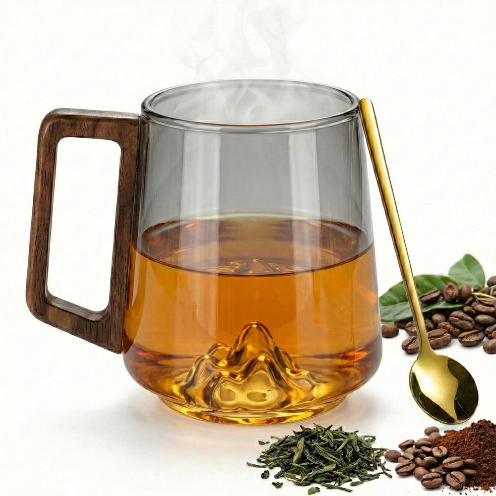 15.2oz Smoky Gray Glass Coffee Cup, 3D Mountain Bottom Design with Wood Handle, 450ml Tea & Beverage Mug for Home Office (Gray)
