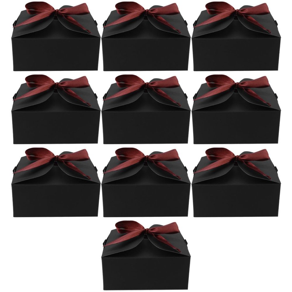 SOLUSTRE 10pcs Compact Black Paper Boxes with Ribbon Kraft Bridesmaid Proposal Packaging Boxes 12x12x5cm for Presents and Party Favors