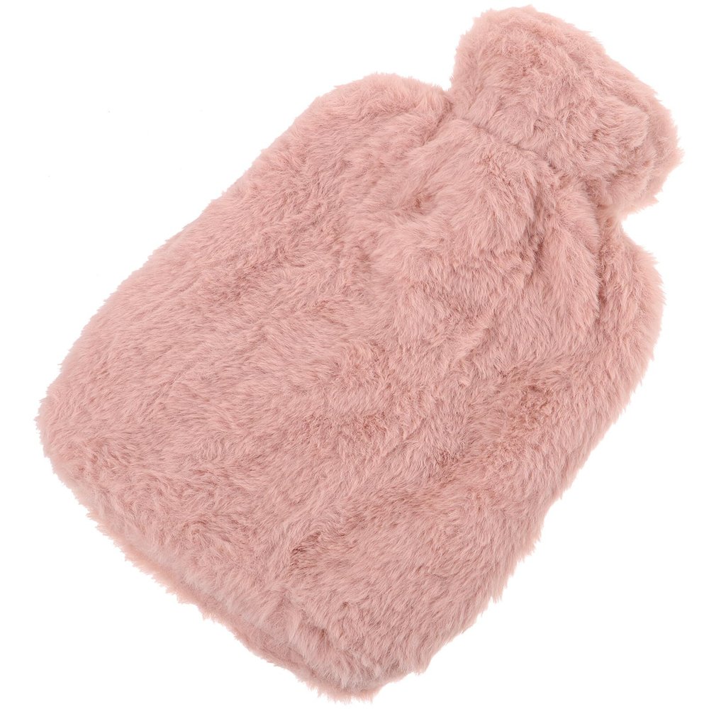SOLUSTRE PVC Hot Water Bag with Plush Fleece Cover 1000ml Pink Rabbit Fur Texture Reusable Hand and Foot Warmer Comfortable Heat Therapy for Relief