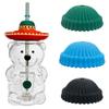Adorable 20oz Bear Glass Cup with Straw, Borosilicate Glass, 4 Funny Lids Included, Reusable Tumbler for Home Office Camping Travel, Gifts for Boys Girls (Set J) view 2