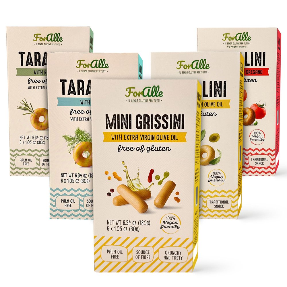 For Alle Gluten-Free Tarallini and Mini Grissini Bundle, Set of 5 Traditional Italian Pugliese Snack with Extra Virgin Olive Oil, Fennel, Rosemary, Tomato and Oregano. Oven-Baked. Vegan. Cholesterol-Free