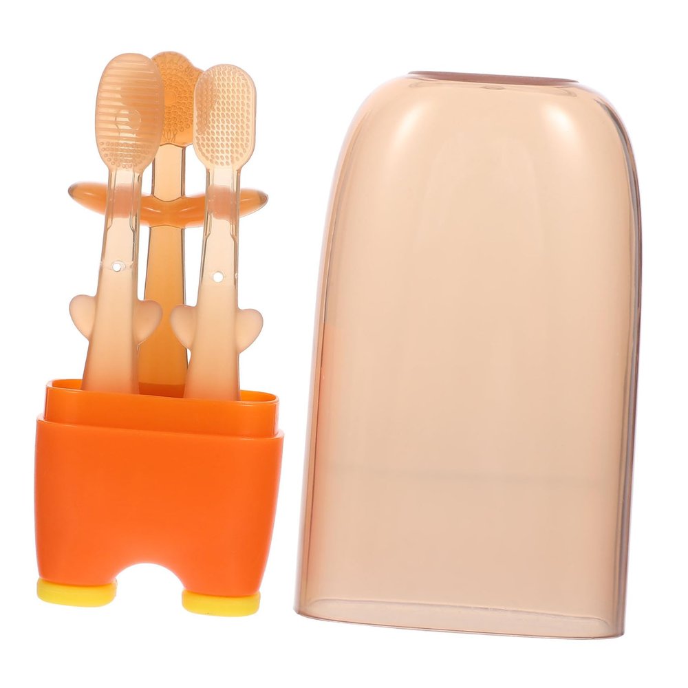 MOTHNUR Silicone Toothbrush Tongue Scraper 3pcs Soft Safety Oral Care Tool for Newborns in Warm Orange
