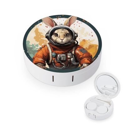 FodPand A Cartoon Rabbit Wearing A Space Suit Contact Lens Case Portable Contact Lens Applicator Removal Tool Kit Cute Round Eyeglass Cases with Mirror for Daily Vision Care And Outdoor Use
