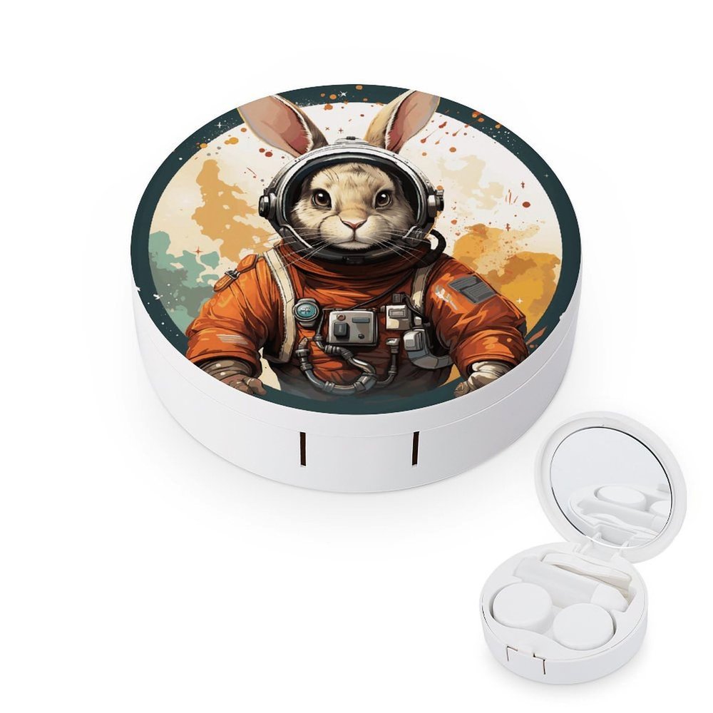 FodPand A Cartoon Rabbit Wearing A Space Suit Contact Lens Case Portable Contact Lens Applicator Removal Tool Kit Cute Round Eyeglass Cases with Mirror for Daily Vision Care And Outdoor Use