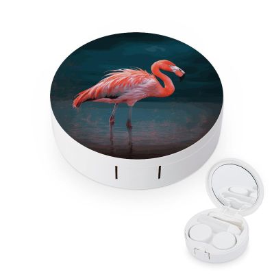FodPand Vivid Flamingo Contact Lens Case Portable Contact Lens Applicator Removal Tool Kit Cute Round Eyeglass Cases with Mirror for Daily Vision Care And Outdoor Use