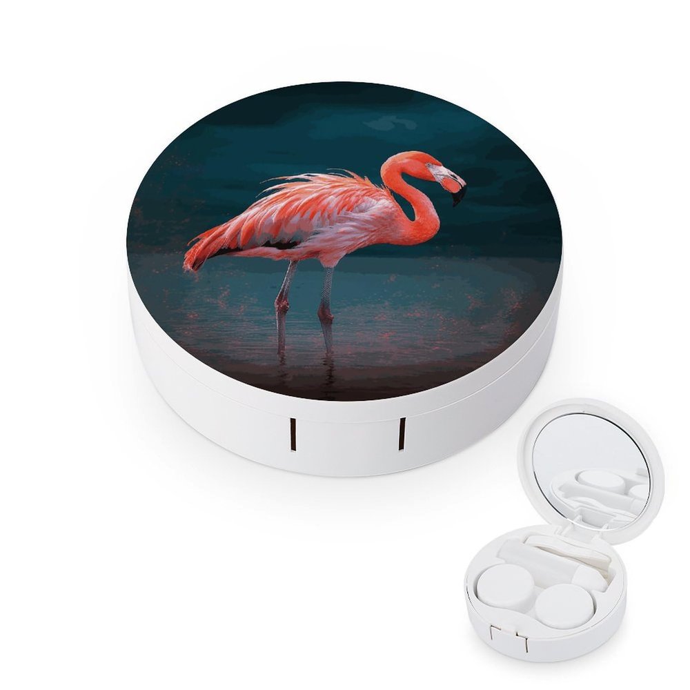 FodPand Vivid Flamingo Contact Lens Case Portable Contact Lens Applicator Removal Tool Kit Cute Round Eyeglass Cases with Mirror for Daily Vision Care And Outdoor Use