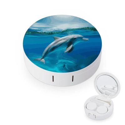 FodPand Swimming Dolphin in Blue Sea Contact Lens Case Portable Contact Lens Applicator Removal Tool Kit Cute Round Eyeglass Cases with Mirror for Daily Vision Care And Outdoor Use