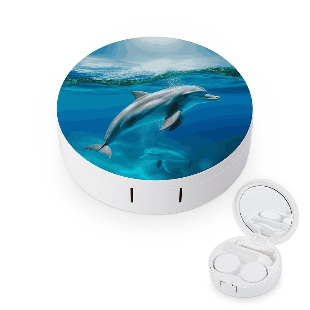 FodPand Swimming Dolphin in Blue Sea Contact Lens Case Portable Contact Lens Applicator Removal Tool Kit Cute Round Eyeglass Cases with Mirror for Daily Vision Care And Outdoor Use