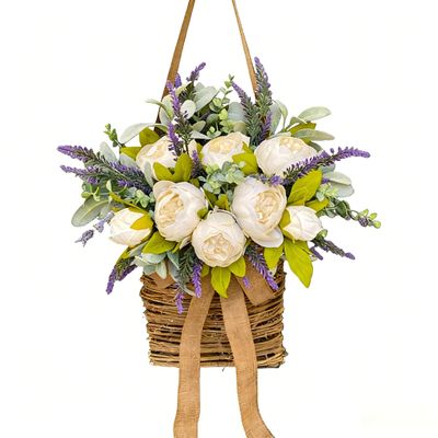 Artificial White Peony Lavender Door Basket Wreath, 14" Faux Peony Rose Lavender Floral Arrangement with Rustic Rattan Basket & Burlap Bow, Spring Farmhouse Front Door Decor for Home Porch Wall