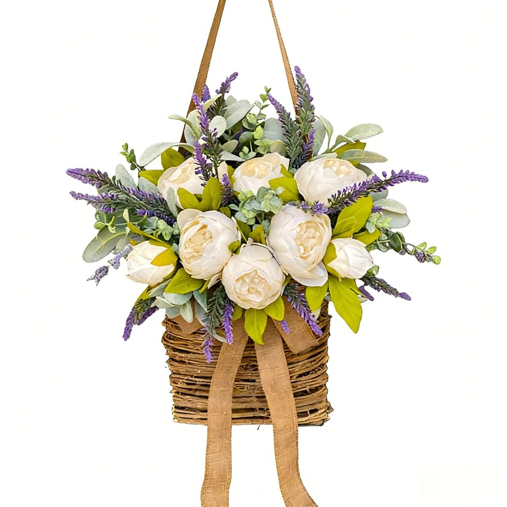Artificial White Peony Lavender Door Basket Wreath, 14" Faux Peony Rose Lavender Floral Arrangement with Rustic Rattan Basket & Burlap Bow, Spring Farmhouse Front Door Decor for Home Porch Wall