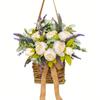 Artificial White Peony Lavender Door Basket Wreath, 14" Faux Peony Rose Lavender Floral Arrangement with Rustic Rattan Basket & Burlap Bow, Spring Farmhouse Front Door Decor for Home Porch Wall view 1