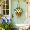 Artificial White Peony Lavender Door Basket Wreath, 14" Faux Peony Rose Lavender Floral Arrangement with Rustic Rattan Basket & Burlap Bow, Spring Farmhouse Front Door Decor for Home Porch Wall view 3