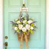 Artificial White Peony Lavender Door Basket Wreath, 14" Faux Peony Rose Lavender Floral Arrangement with Rustic Rattan Basket & Burlap Bow, Spring Farmhouse Front Door Decor for Home Porch Wall view 4