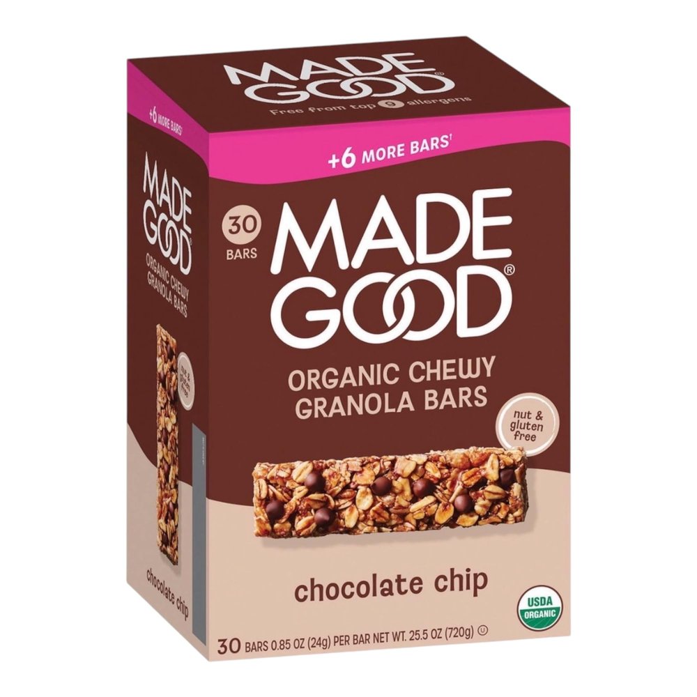 Chocolate Chip Granola Bars, 0.85 oz (30 Pack) Nut-Free & Peanut-Free School Safe Snacks, Non-GMO, Organic, Vegan Snack Bars, Chocolate Chip Granola Bars for Kids & Adults, Lunchbox Friendly