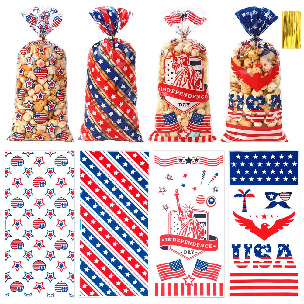 4th of July Cellophane Treat Bags, 120 PCS 4th of July Gift Bag, Patriotic Treat Bags, Plastic Red Blue and White Candy Cookie Goodie Snack Bag for Independence Day Fourth of July Party Favor Supplies