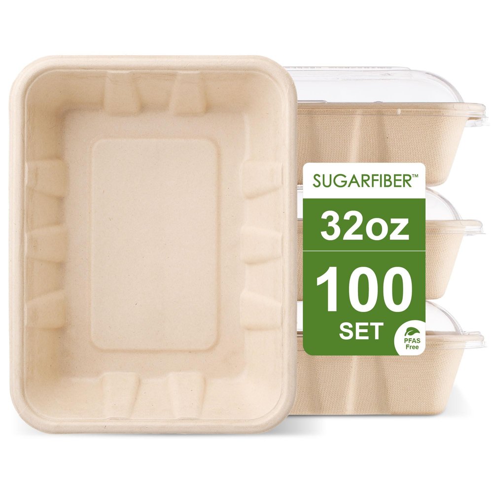 [100 SET]Harvest Pack 32 oz PFAS FREE Disposable Food Trays with Dome Lids, Compostable Disposable Food Container Bagasse Serving Trays, Rectangle, Made from Sugarcane Eco-Friendly Plant Fibers