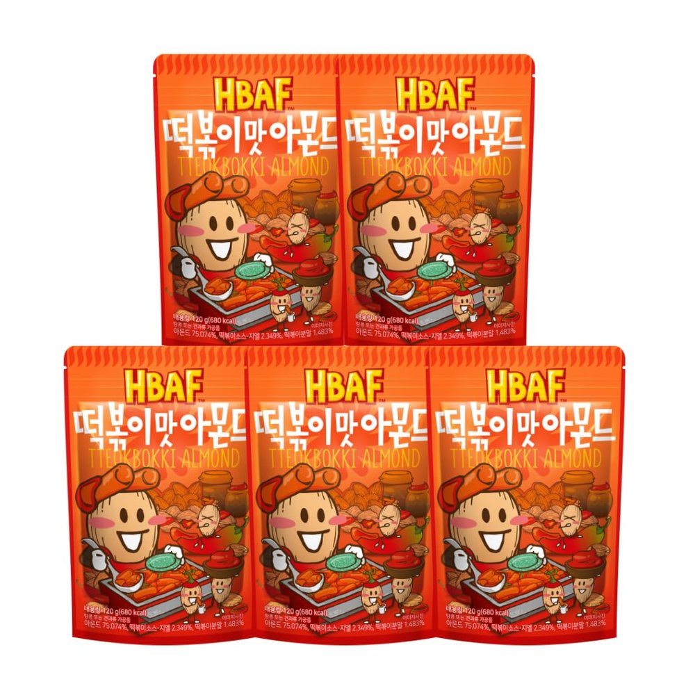 [HBAF] Korean Tteokbokki Seasoned Almonds Nut Protein Snack | Sweet & Spicy Korean Street Food | After-School, Work, Trip Camping Snack | Gochujang Rice Cake Paste | Korean Sovenior (Toppoki, 5 x 120gram pack)