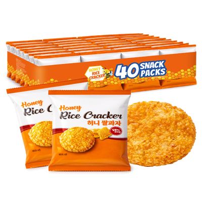 Crispy Honey Snow Flower Rice Crackers, Individually Wrapped Korean Rice Snacks, Crunchy Sweet Rice Crackers, 40 Pack