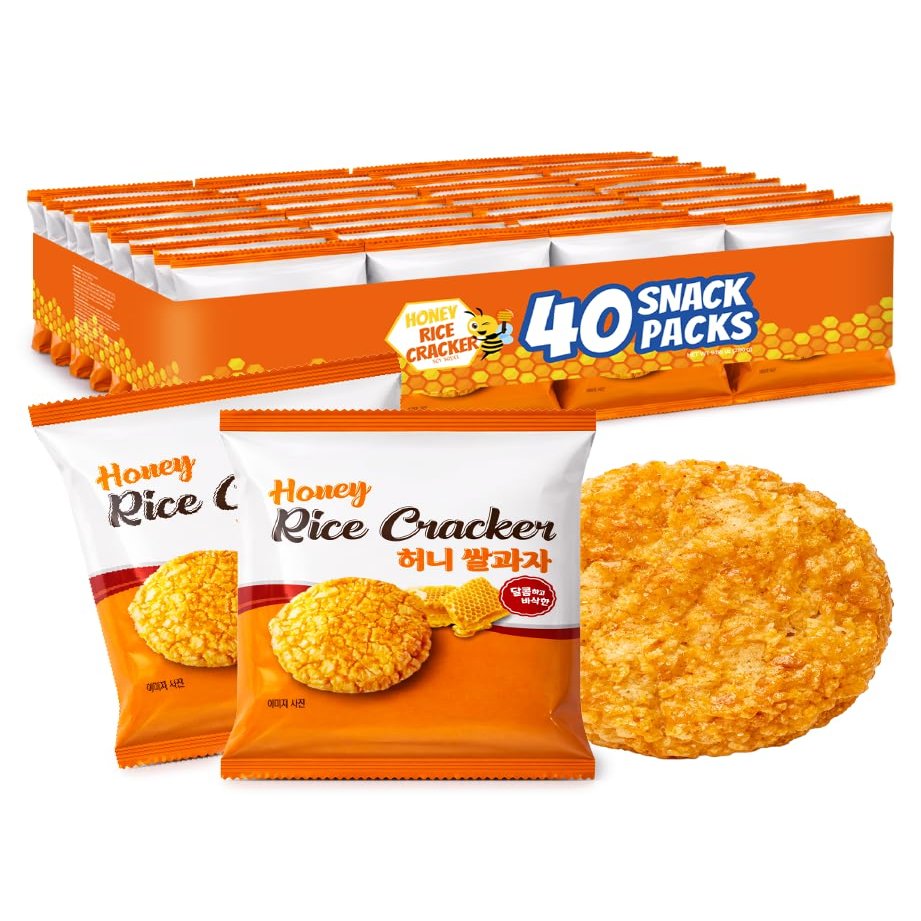 Crispy Honey Snow Flower Rice Crackers, Individually Wrapped Korean Rice Snacks, Crunchy Sweet Rice Crackers, 40 Pack