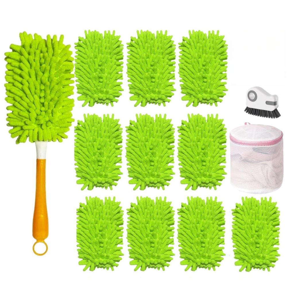 10 Pack Reusable Duster Refills for Swiffer Duster with Extendable Handle, Washable Microfiber Dust Cleaning Kit for Ceiling Fan, Blinds, Furniture, Home Cleaning (10pcs Green)