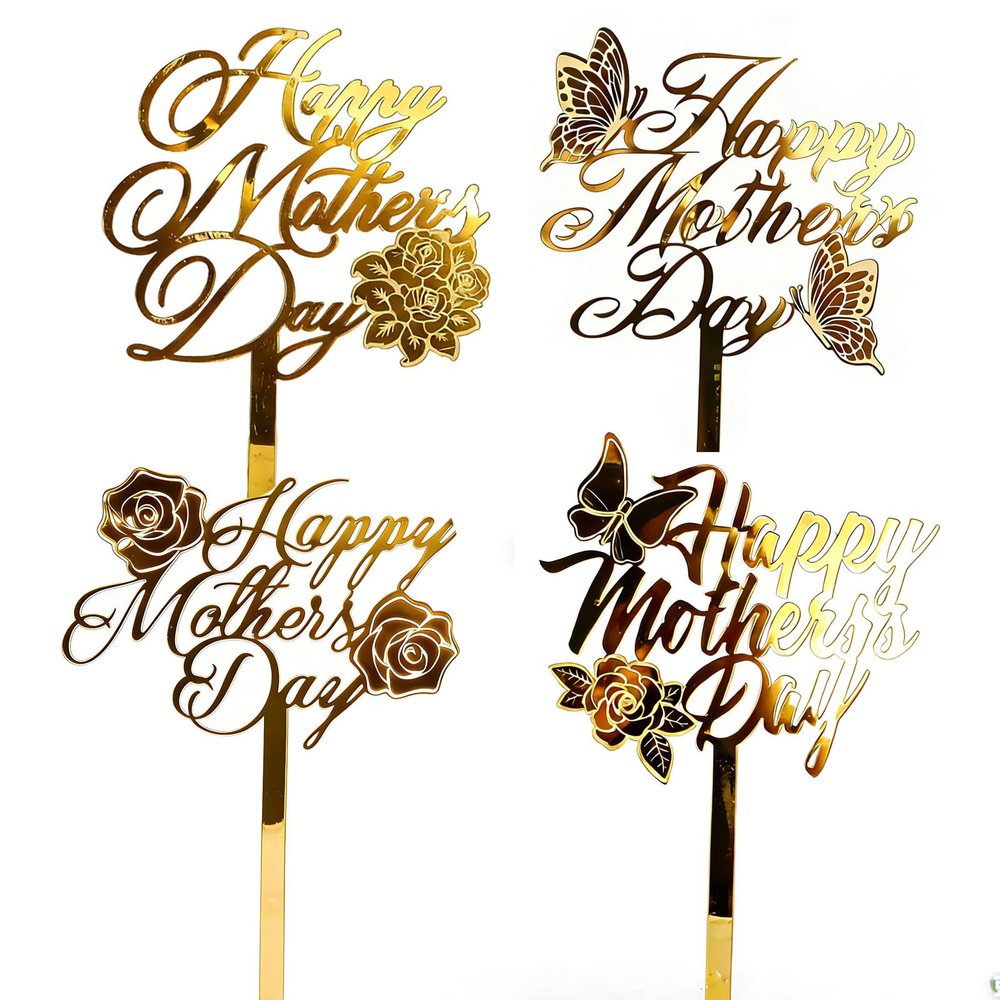 4 PCS Happy Mother's Day Cake Toppers - Gold Mirror Acrylic Cake Decorations with Rose & Butterfly Designs, Mother's Day Cake Topper Supplies for Mom's Birthday, Mother's Day Party, Wedding Cake Decor