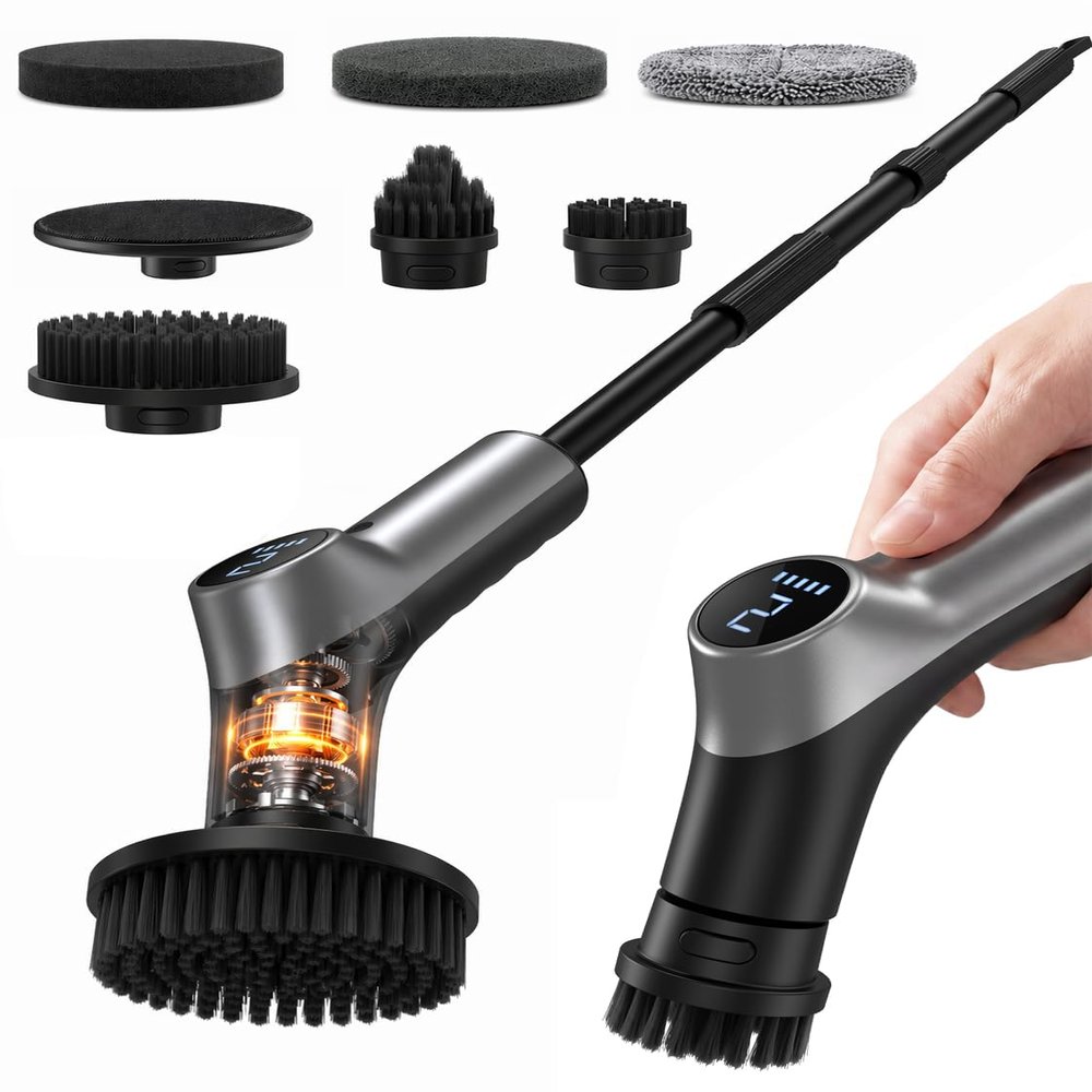 Electric Spin Scrubber for Bathroon,IPX7 Cordless Cleaning Brush with 6 Replaceable Brush Heads,120 Mins Runtime Power Shower Scrubber with Adjustable Extension Handle and Durable Brush Head for Tub