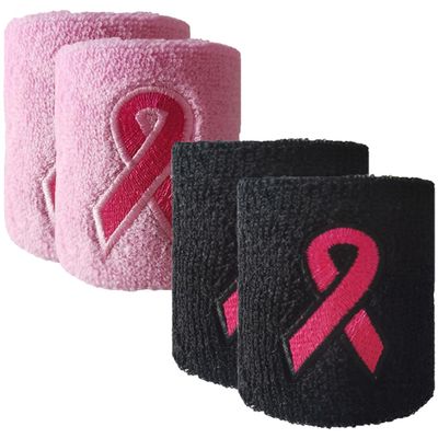 Hohopeti Pink Breast Cancer Awareness Sweatbands 4pcs, Sweat-Absorbing Breathable Wristbands for Sports, Exercise, Cycling Wrist Supports for Running and Fitness Random Color