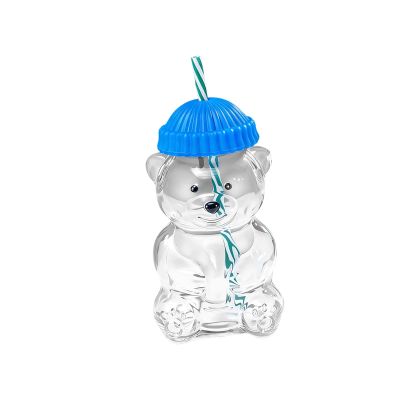 predolo Bear Shaped Glass Cup Multipurpose Decorative Transparent Drinking Cup Cute Bear Glass Cup with Straw Lid Beverage Container Crafted from Transparent, Blue