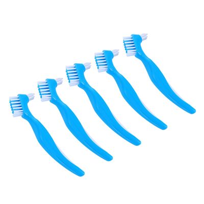 WESIEVYA 5pcs Double Head Denture Toothbrushes Blue, Dual Sided Cleaning Brush for Home Denture Care, Personal Oral Hygiene Tool for False Teeth Maintenance