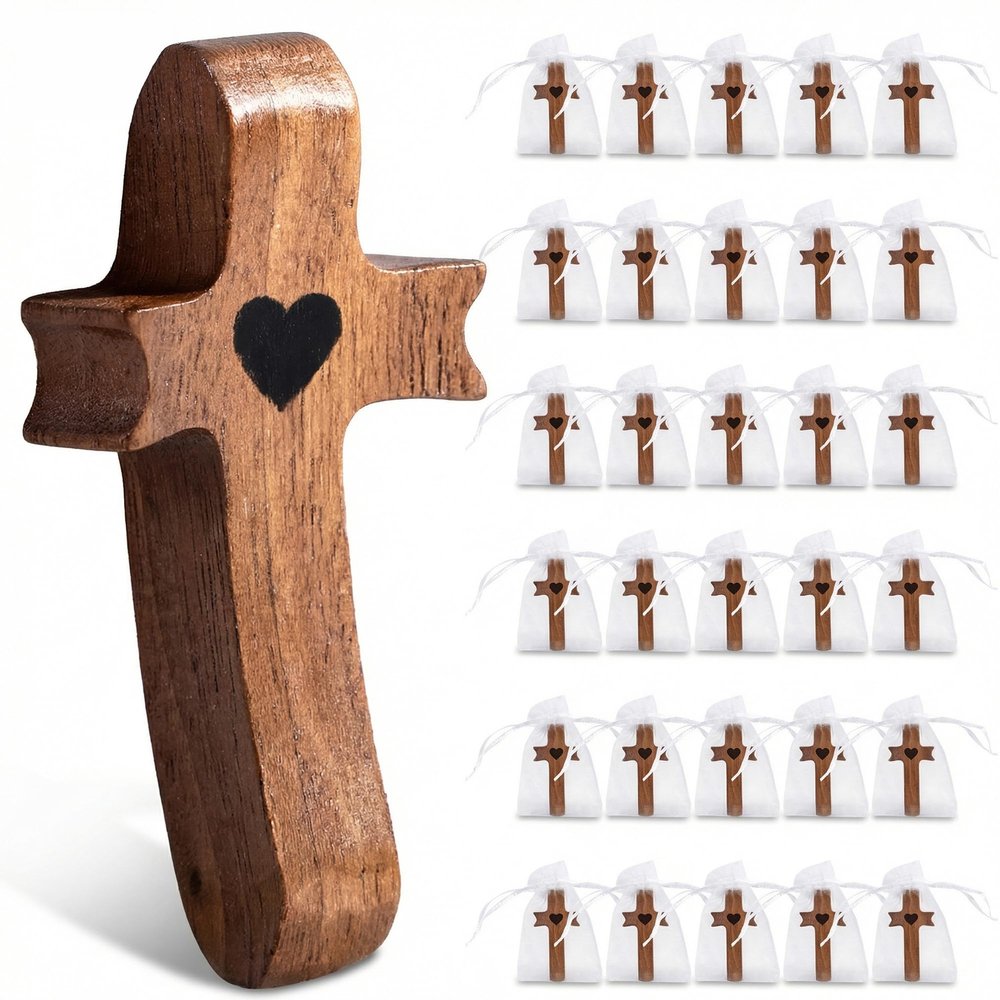 Apexion Wooden Cross Fidget Cross My Heart, 30pcs Fidget for Clutching Stress Relief Religious Encouragement Gifts