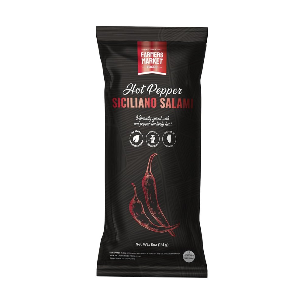 Farmers Market Foods Hot Pepper Siciliano Salami Wisconsin Made Clean Label Salami, No Added Nitrates or Nitrites, Gluten Free, High Protein, Low Carb, Shelf Stable Spicy Gourmet Meat Snack