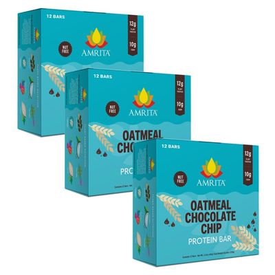 Amrita Nut Free Oatmeal Chocolate Chip Vegan Protein Bars (12 Count PK of 3) | 12g Plant-Based Protein Bar | Peanut Free, Gluten Free, Dairy Free | Low Sugar, High Fiber, School Safe
