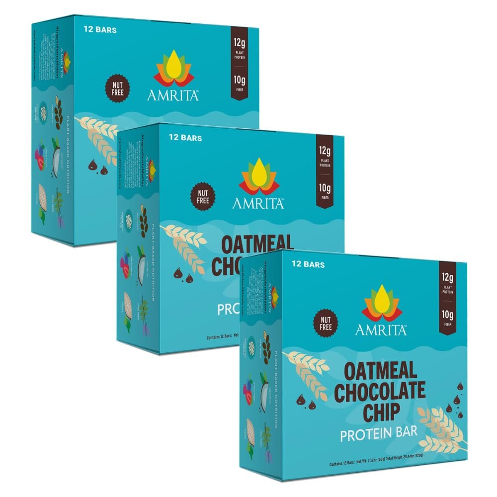 Amrita Nut Free Oatmeal Chocolate Chip Vegan Protein Bars (12 Count PK of 3) | 12g Plant-Based Protein Bar | Peanut Free, Gluten Free, Dairy Free | Low Sugar, High Fiber, School Safe