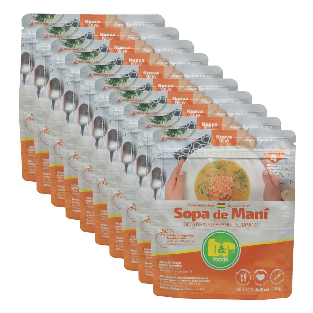B&R Foods Sopa de Man/Dehydrated Peanut Soup Mix Traditional Bolivian Peanut Soup with Spices | Authentic Flavor | Preservative Free, 4.5 oz. (130 g.) Doy Pack (Pack of 10)