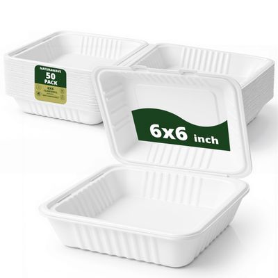 100% Compostable Clamshell Take Out Food Containers 6X6" 50-Pack Heavy-Duty Quality to go Containers, Natural Disposable Bagasse, Eco-Friendly Biodegradable Made of Sugar Cane Fibers