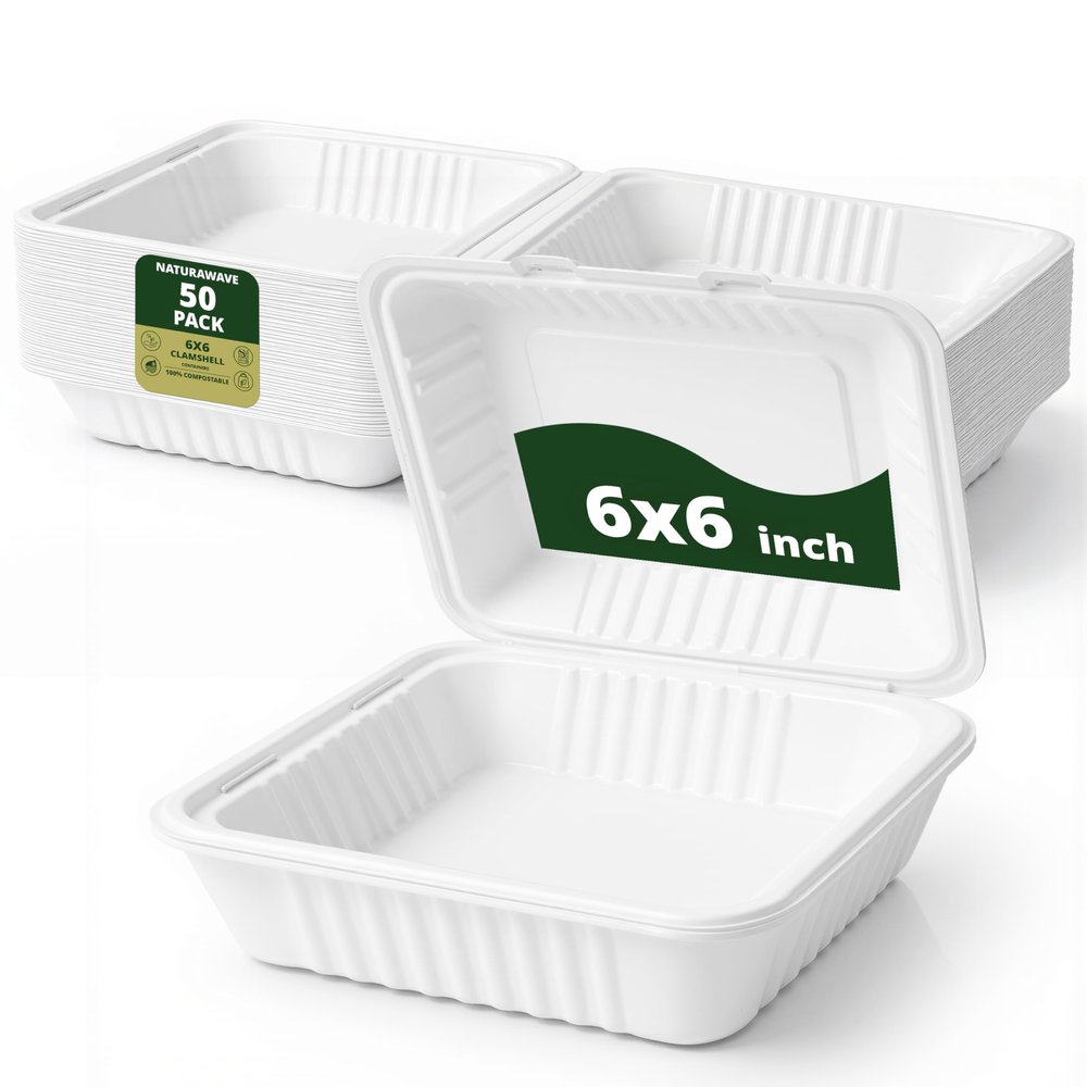 100% Compostable Clamshell Take Out Food Containers 6X6" 50-Pack Heavy-Duty Quality to go Containers, Natural Disposable Bagasse, Eco-Friendly Biodegradable Made of Sugar Cane Fibers