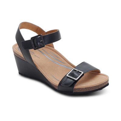 Aetrex Naomi Women's Orthopedic Arch Support Wedge Sandal Adjustable Leather Wedge with Cushioned Footbed, Stable Platform Heel & All-Day Walking Comfort Black