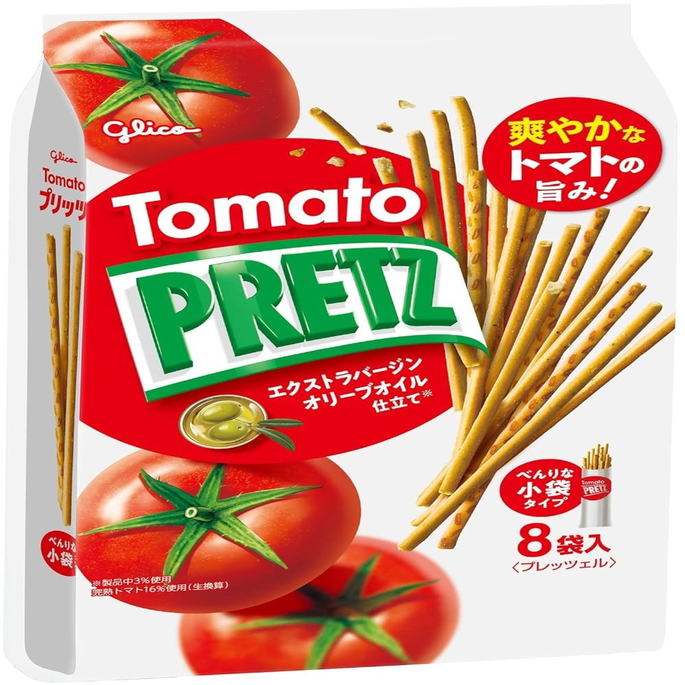 Glico Pretz Tomato Family Pack 8 Individual Pouches, Crispy Biscuit Sticks Snack, Savory Flavor, Light Crunchy Pretzel-Style Sticks, Authentic Japan Snack 3.88 Oz (6 Pack)