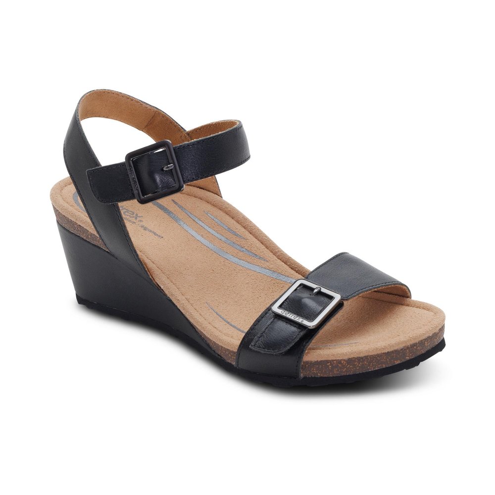 Aetrex Naomi Women's Orthopedic Arch Support Wedge Sandal Adjustable Leather Wedge with Cushioned Footbed, Stable Platform Heel & All-Day Walking Comfort, Black