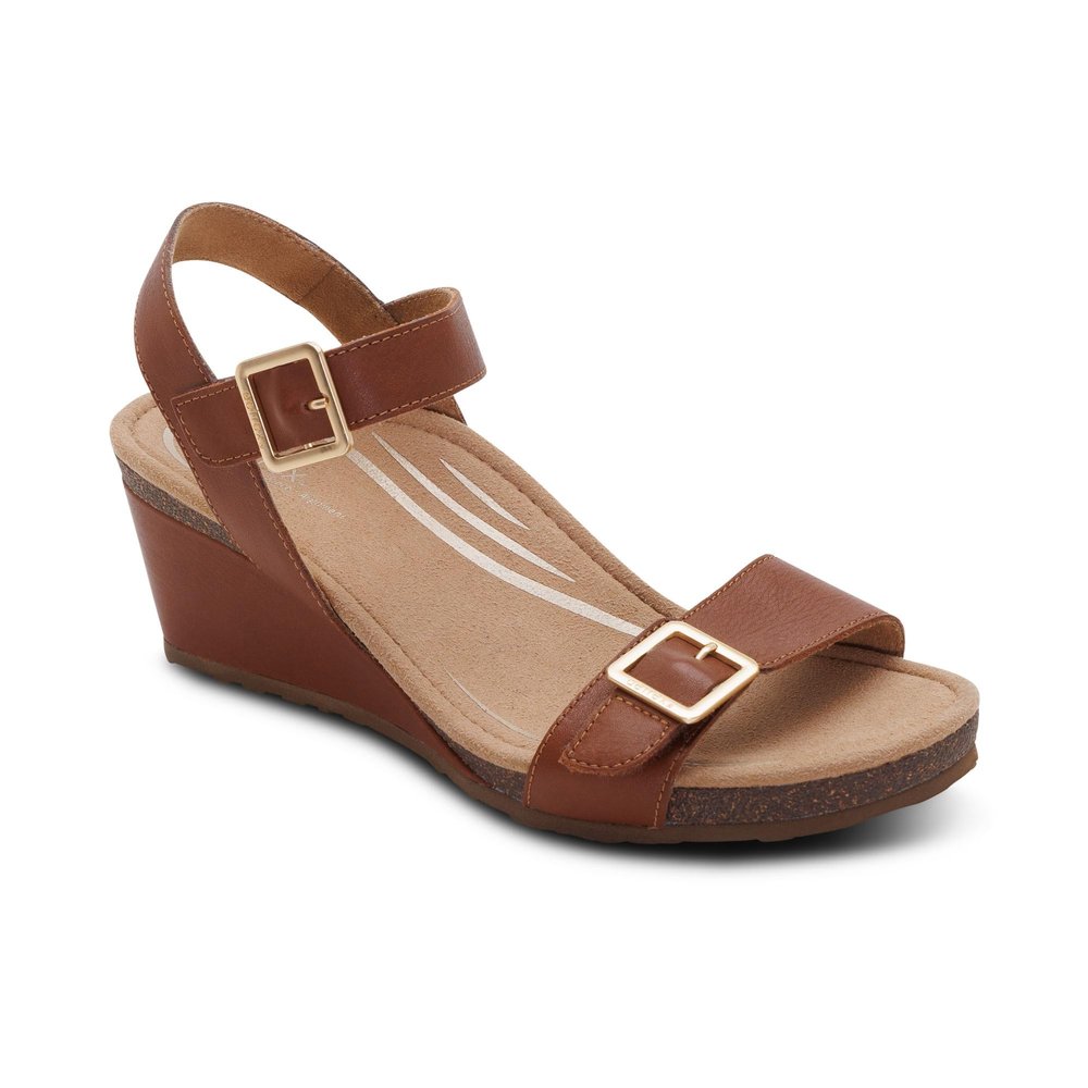 Aetrex Women Naomi Orthopedic Wedge Sandal with Arch Support - Adjustable Leather Wedge Heels Cushioned Footbed Pain Relief Comfort Walking Shoes Off White Stable Fit