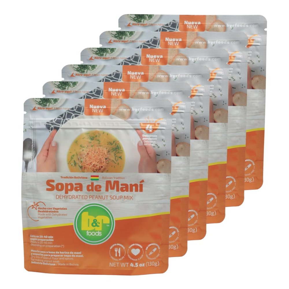 B&R Foods Sopa de Man/Dehydrated Peanut Soup Mix Traditional Bolivian Peanut Soup with Spices | Authentic Flavor | Preservative Free, 4.5 oz. (130 g.) Doy Pack (Pack of 6)