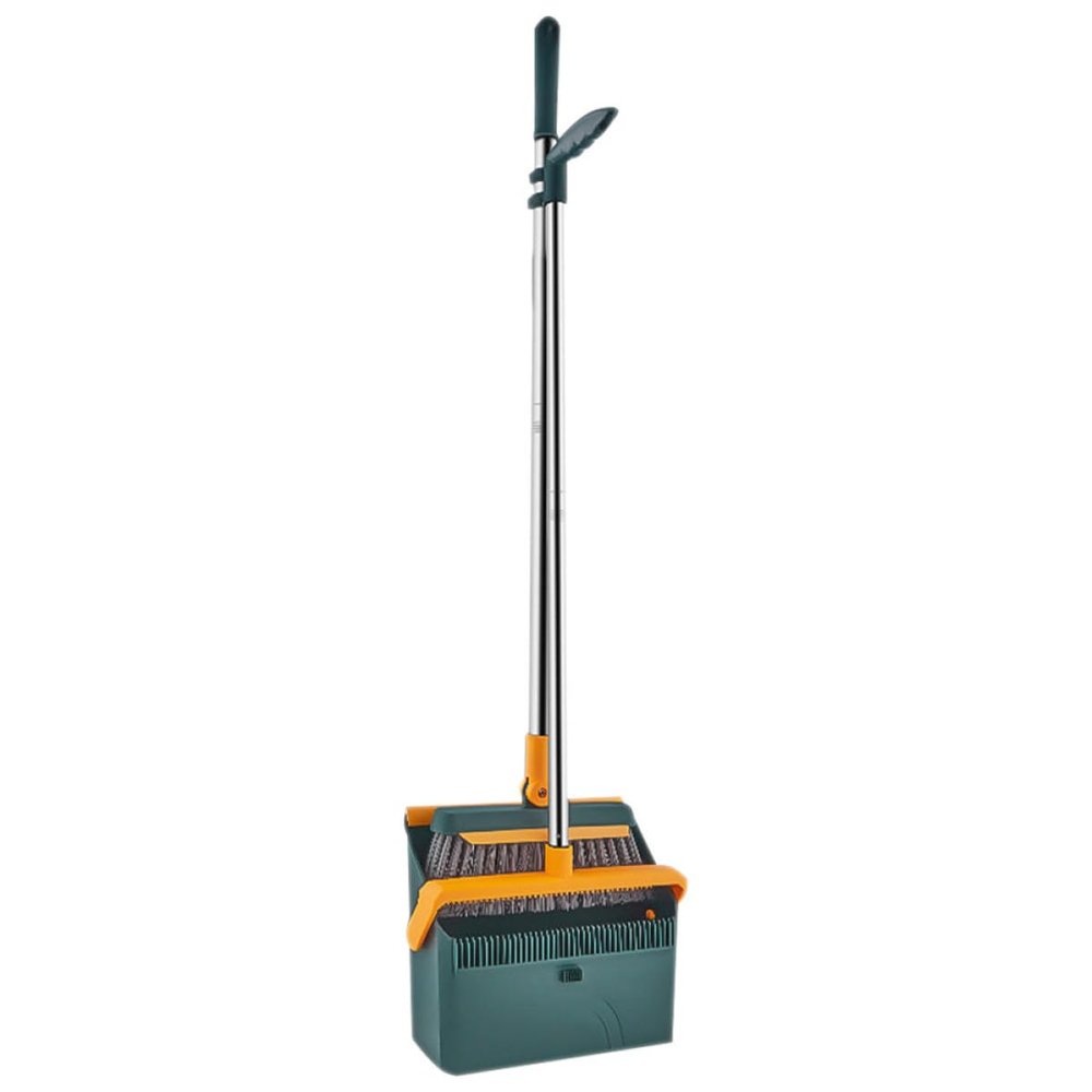 BELLIFFY Standing Broom and Dustpan Set Foldable Home Cleaning Brush with Long Handle Non-Stick Hair Green Compact Sweeping Tool for Kitchen Office Household Use