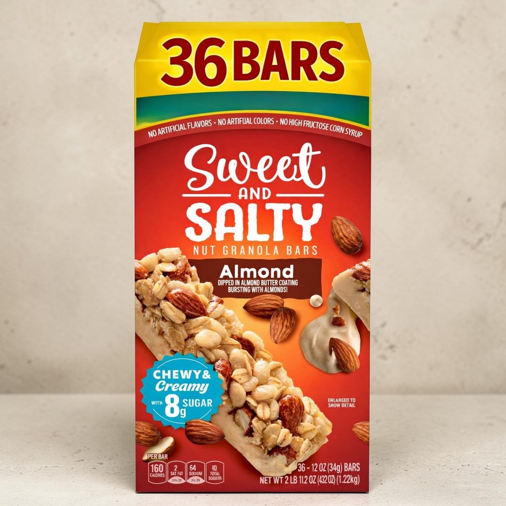 Granola Bars Sweet & Salty Almond Bulk Family 36 Pack Chewy Oat Snack Bars with Whole Grain Oats & Honey Roasted Almond Butter, 160 Calories