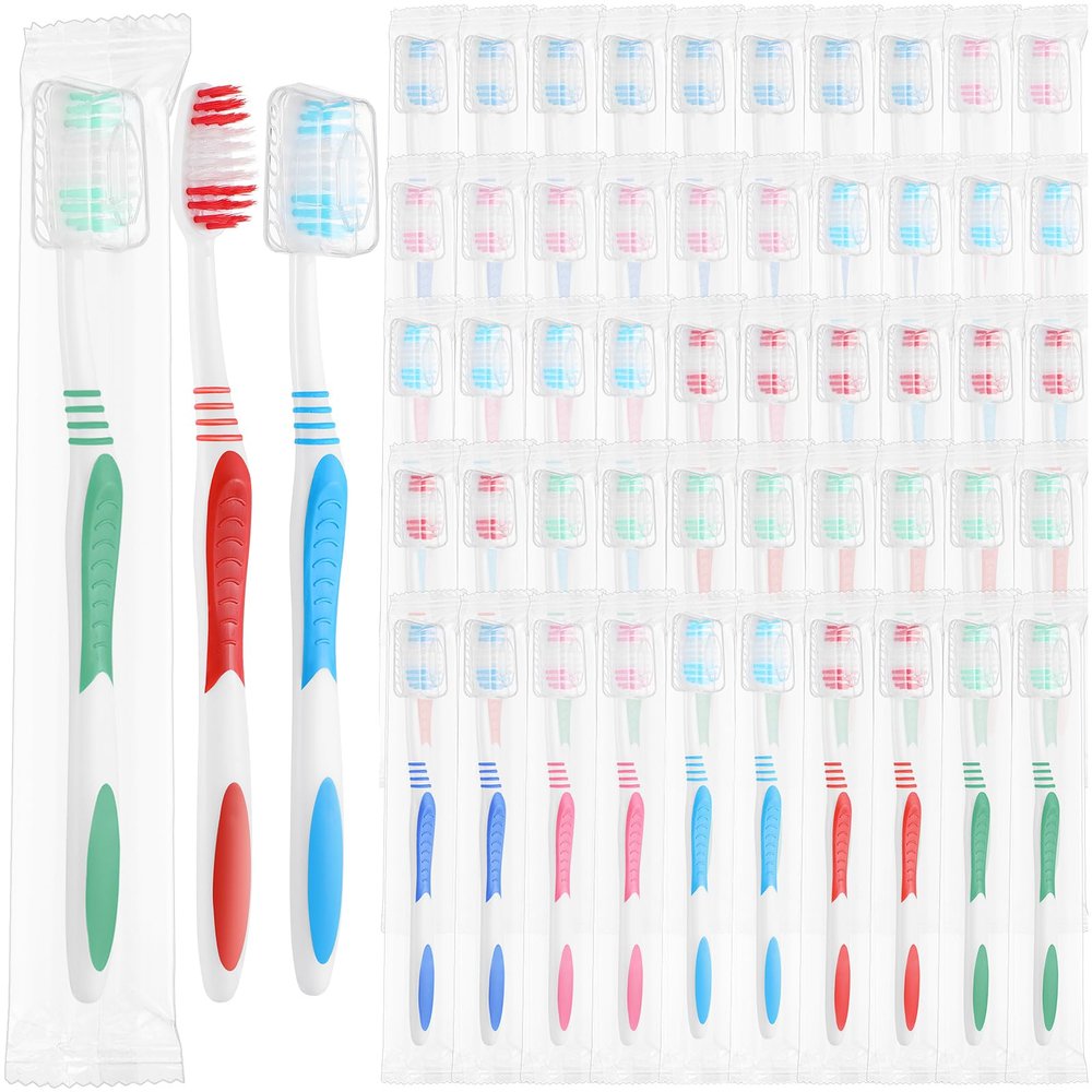 Tioncy 300 Pack Toothbrushes Bulk Individually Wrapped Pack with Covers Colorful Tooth Brushes Medium Disposable Soft Bristles Adult Manual Toothbrush for Travel Hotel Packages Relief Donations