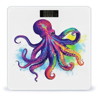 Colorful Octopus Scale for Body Weight Safe Rounded Corners Tempered Glass Digital Bathroom Scale LED Display 400lb Capacity Weight Scales with High Precision Sensors