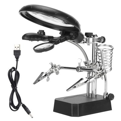 Oyhhalginate Adjustable Magnifier Auxiliary Clip with LED Light, Desktop Stand for Magnifying Glass, Dual Lens 10X Magnification Kit with USB Charging Base for Electronics Repair